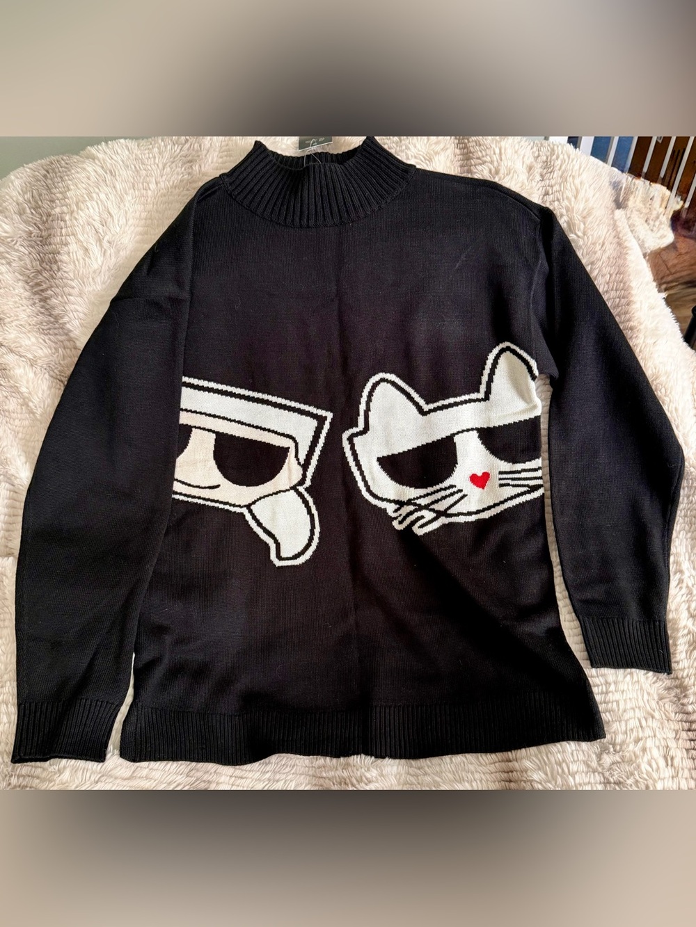 Karl Lagerfeld Black Turtleneck Sweater with White Graphic Cat Motifs